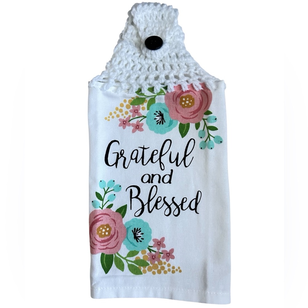 Hand Crafted Floral Hanging Kitchen Hand Towel Colorful Grateful and Blessed